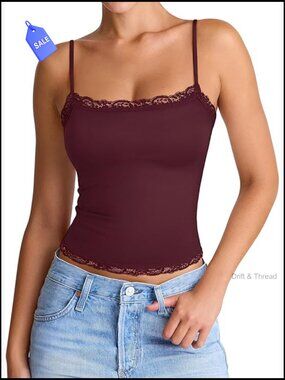 Women's Sexy Square Neck Lace Cami Tank Top Fitted Double Lined Sleeveless Crop